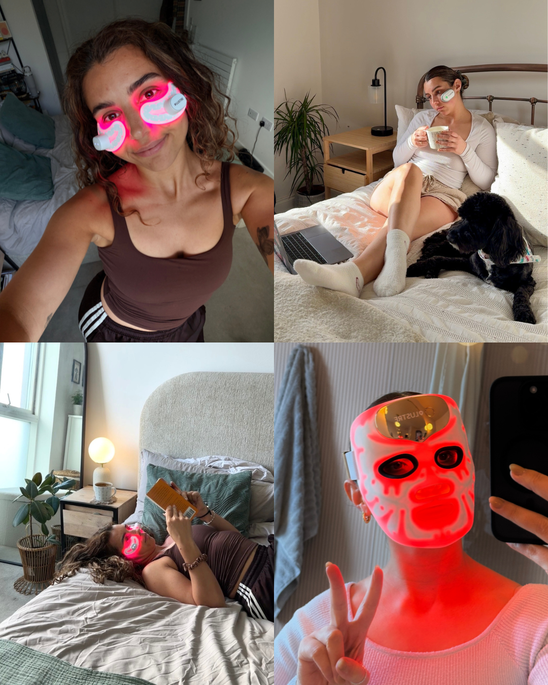 A collage of four photos featuring a woman using a light therapy mask in various indoor settings, showcasing self-care routines.