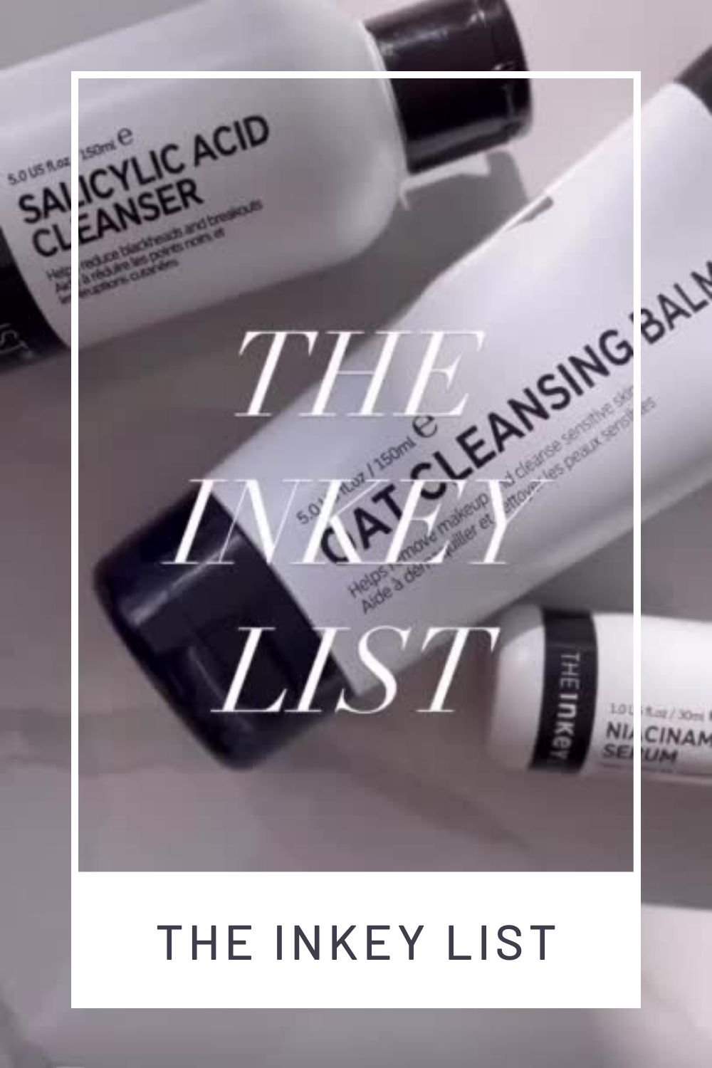 A close-up view of skincare products from The Inkey List, featuring various bottles and tubes with labels visible.