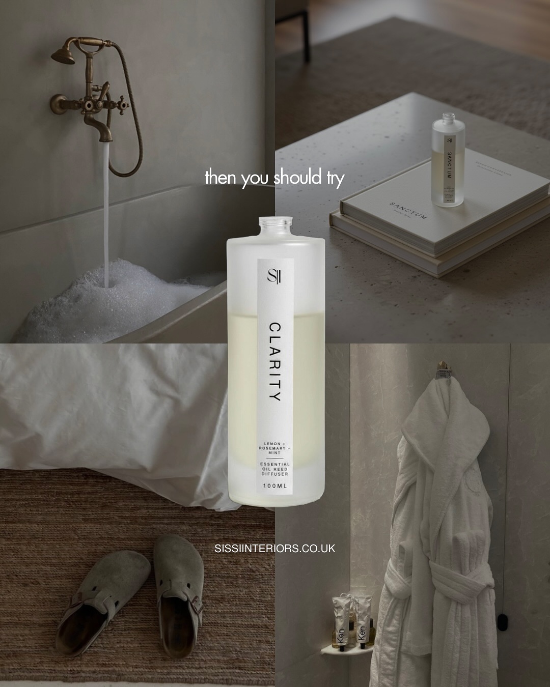 A serene bathroom setting featuring a bottle of Clarity product on a table, a bath with bubbles, a cozy robe, and slippers, creating a relaxing atmosphere.