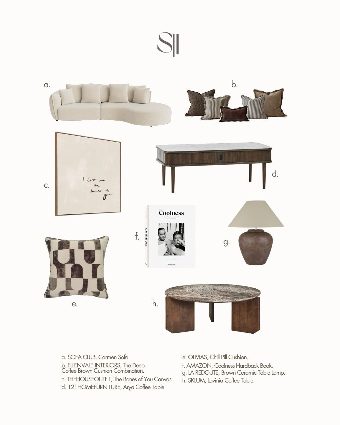A curated selection of modern furniture and decor items, including a sofa, coffee table, lamp, and decorative pillows, arranged aesthetically.