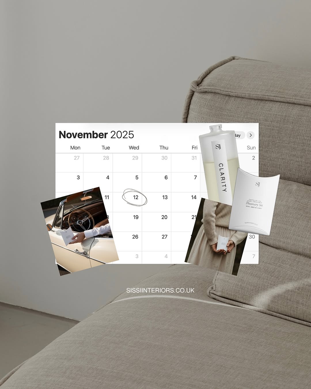 A cozy interior scene featuring a calendar for November 2025, a stylish car interior, and a beauty product labeled 'Clarity' alongside a minimalist booklet.