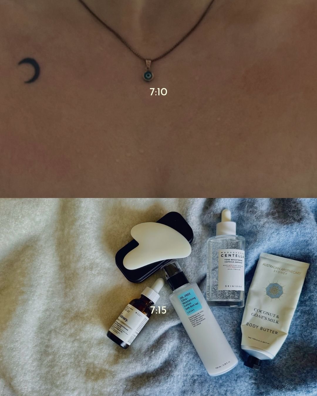 A close-up of a person's neck featuring a crescent moon tattoo and a blue pendant necklace, alongside a flat lay of skincare products on a soft surface.