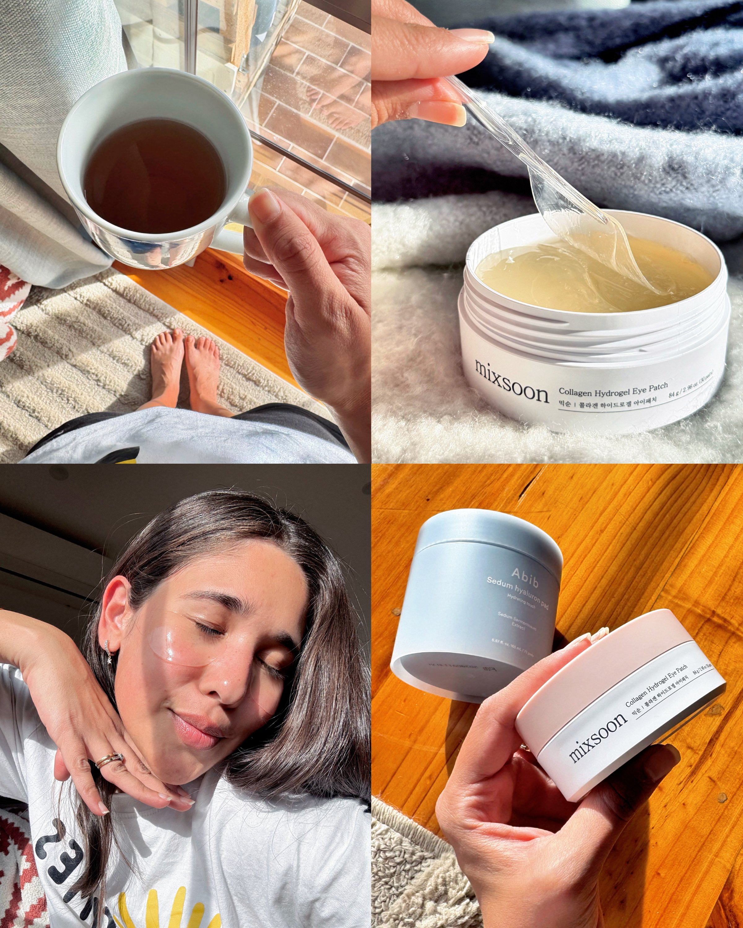 A collage featuring skincare products and a cup of tea. The images show hands holding various skincare items and a person applying a mask.