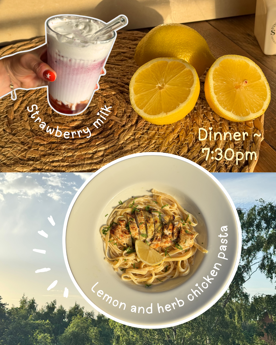 A refreshing strawberry milk drink alongside sliced lemons, with a bowl of lemon and herb chicken pasta displayed below against a sunny outdoor backdrop.