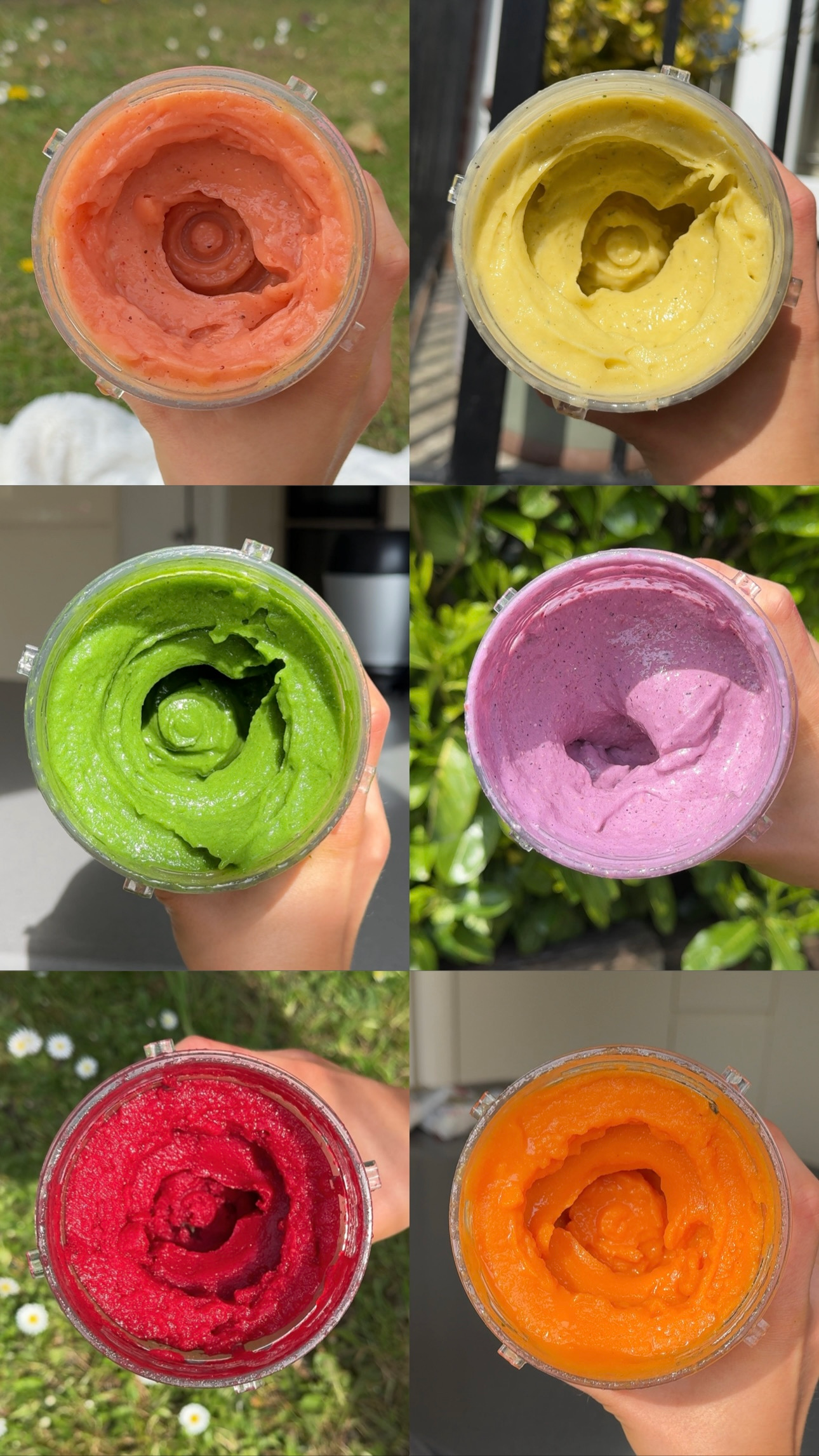 A collection of colorful smoothie bowls in a blender, showcasing vibrant hues of orange, pink, green, yellow, and red.