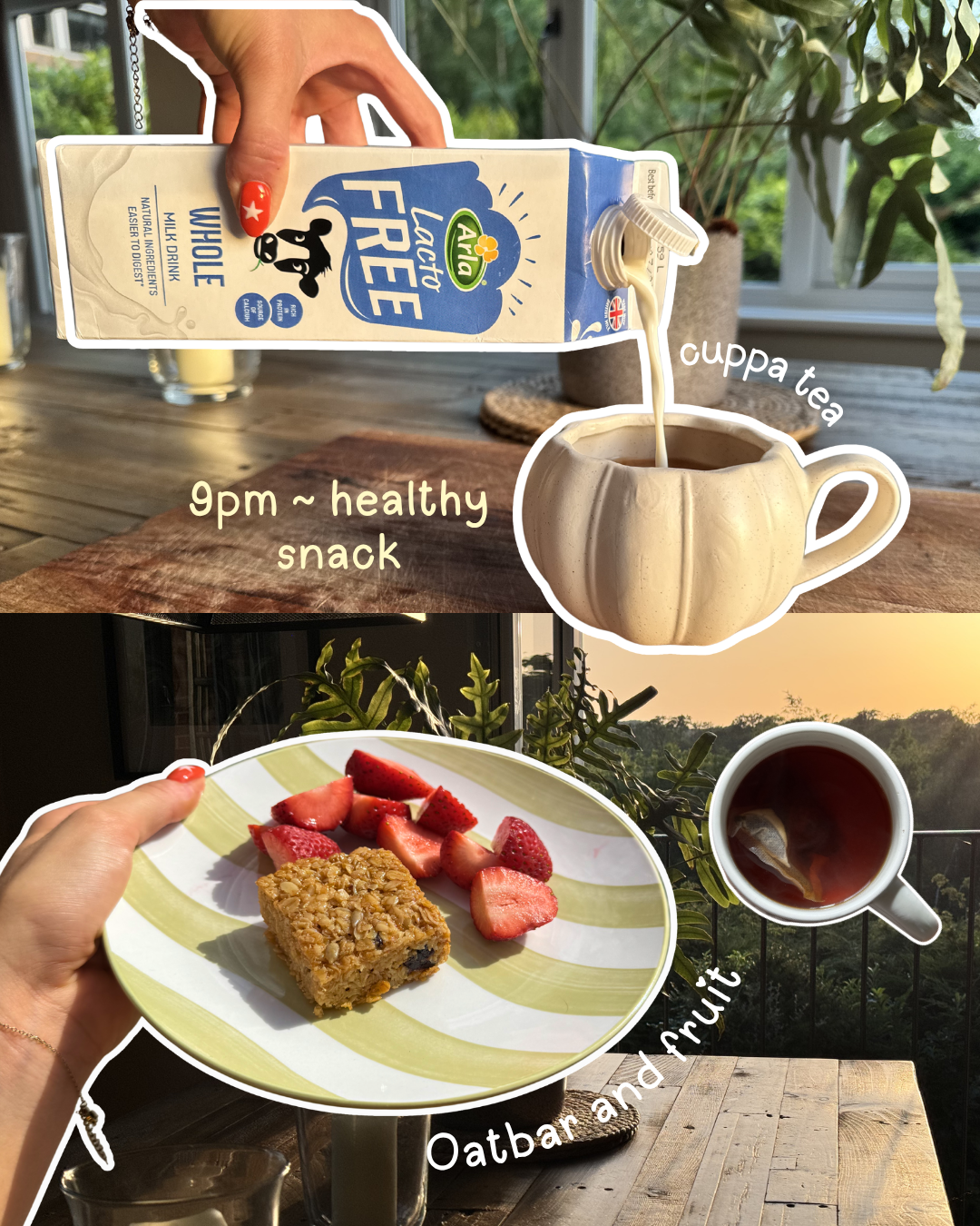A cozy scene featuring a cup of tea, an oat bar with fruit, and a carton of lactose-free milk. The setting is warm and inviting, perfect for a healthy snack.