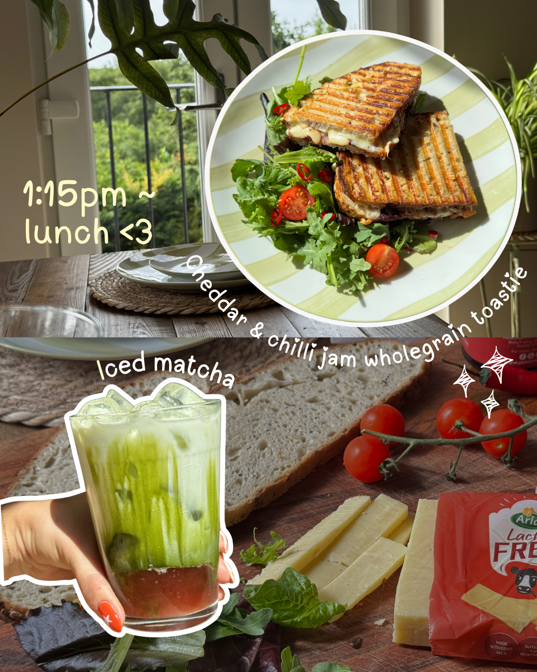 A delicious lunch spread featuring a cheddar and chili jam wholegrain toastie with fresh salad and cherry tomatoes, alongside a refreshing iced matcha drink.