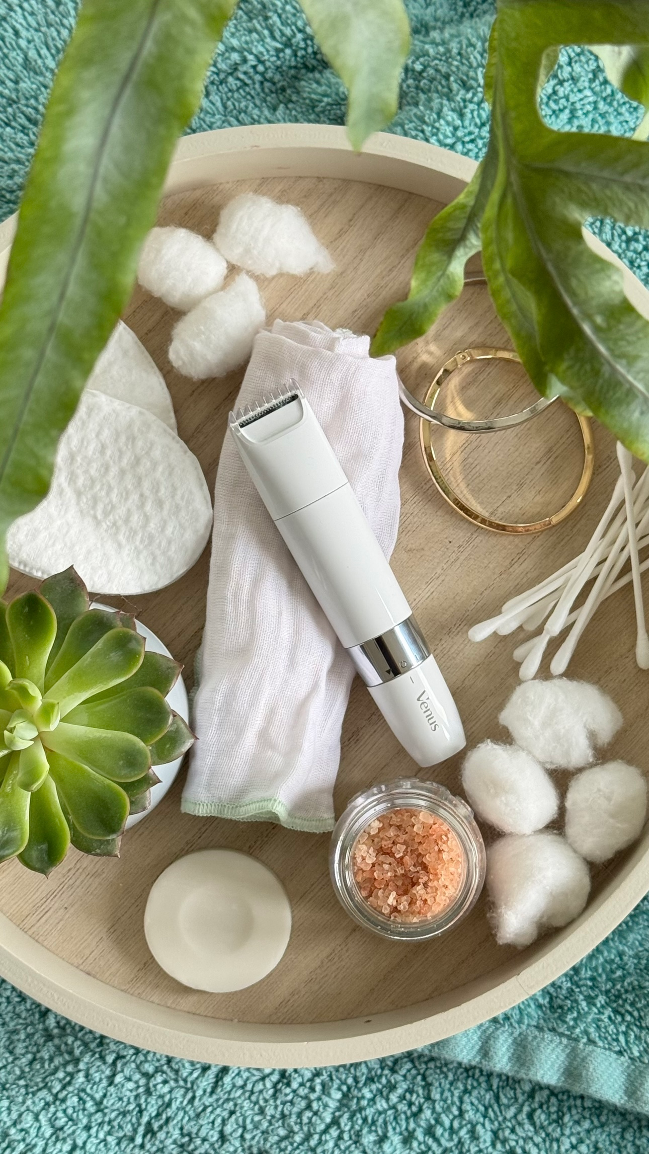 A flat lay of a beauty grooming kit arranged on a wooden tray, featuring a trimmer, cotton pads, a glass jar of pink salt, and a succulent plant.