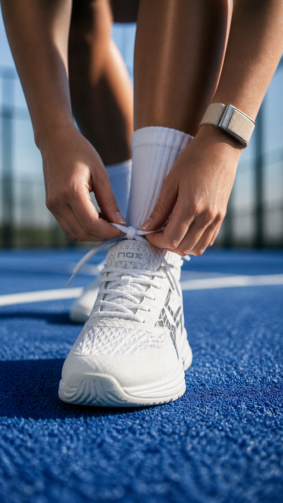 A person tying the laces of a white athletic shoe on a blue court surface.