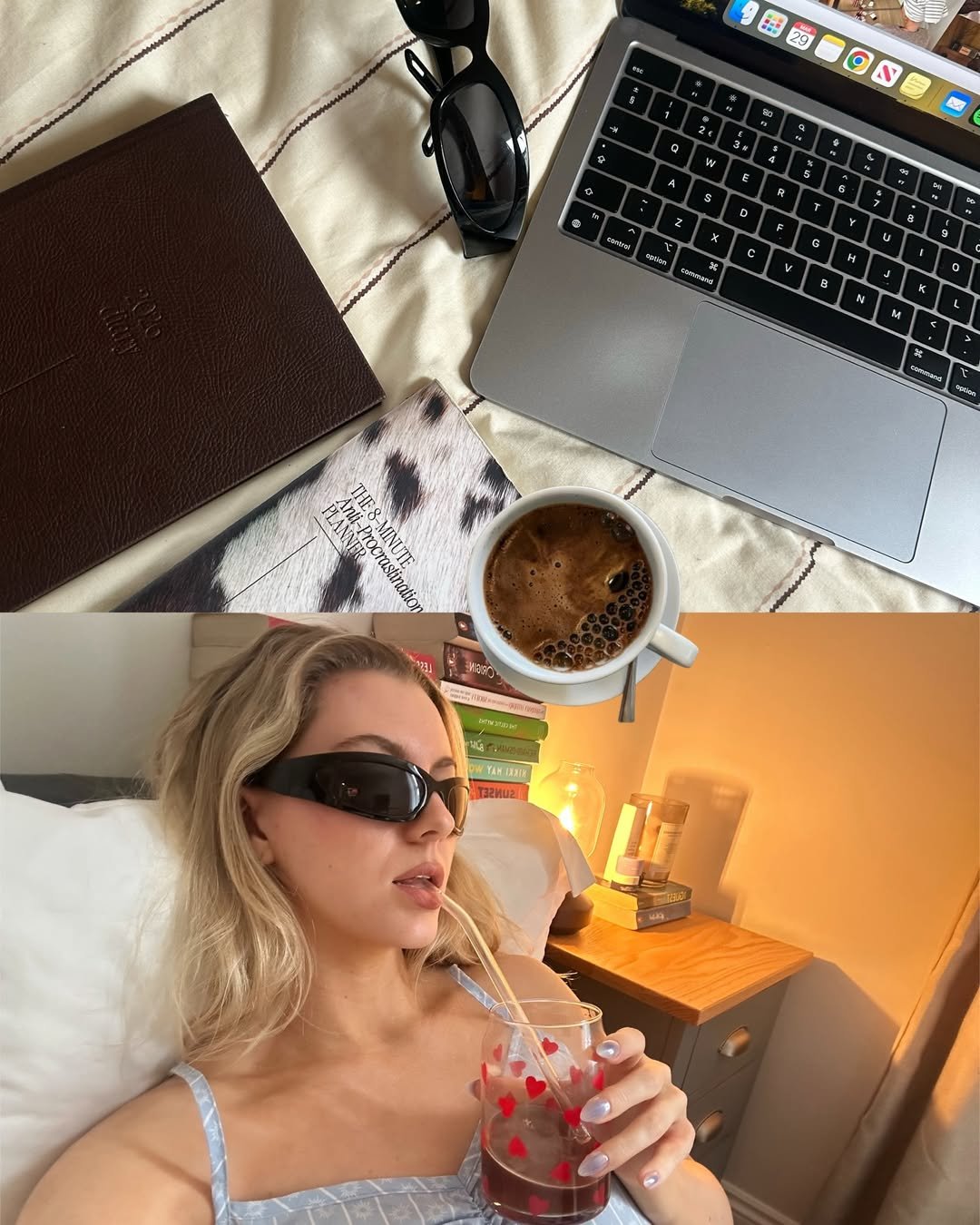 A cozy indoor scene featuring a woman wearing sunglasses while relaxing in bed, holding a drink with heart-shaped decorations. A laptop and a cup of coffee are visible on the bedside table.