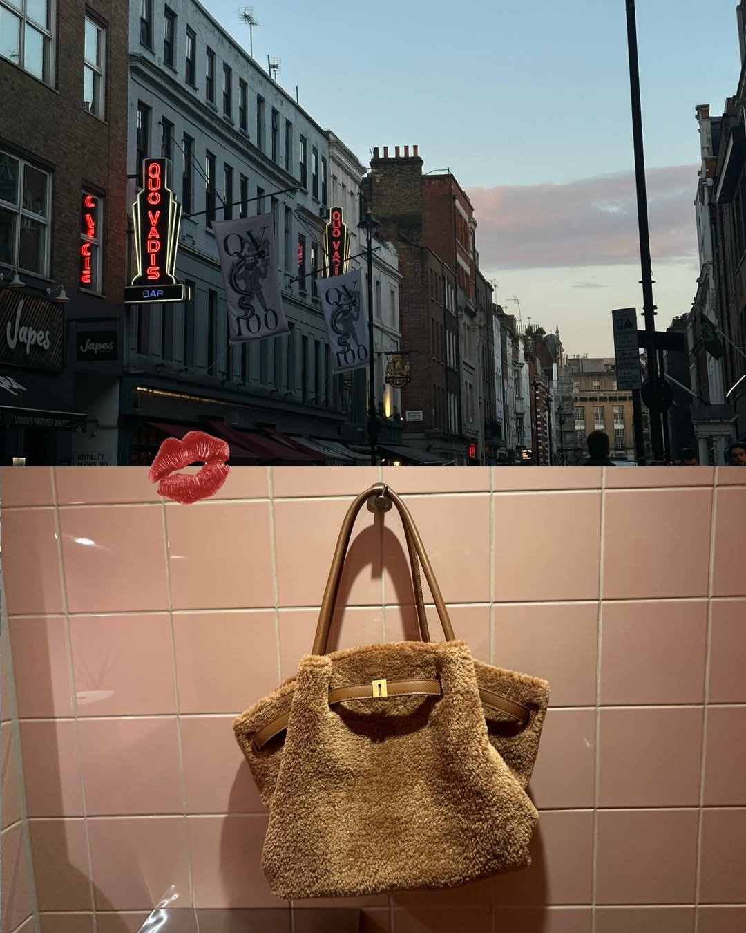 A stylish brown bag hangs against a pink tiled wall, with a city street and colorful signs visible in the background during sunset.