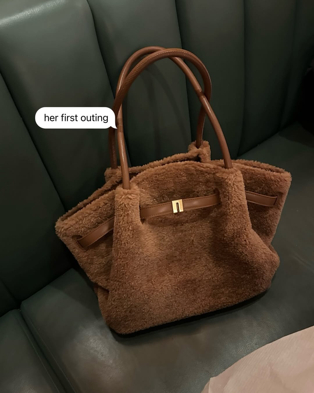A brown fuzzy handbag resting on a green seat, with a caption that reads 'her first outing'.