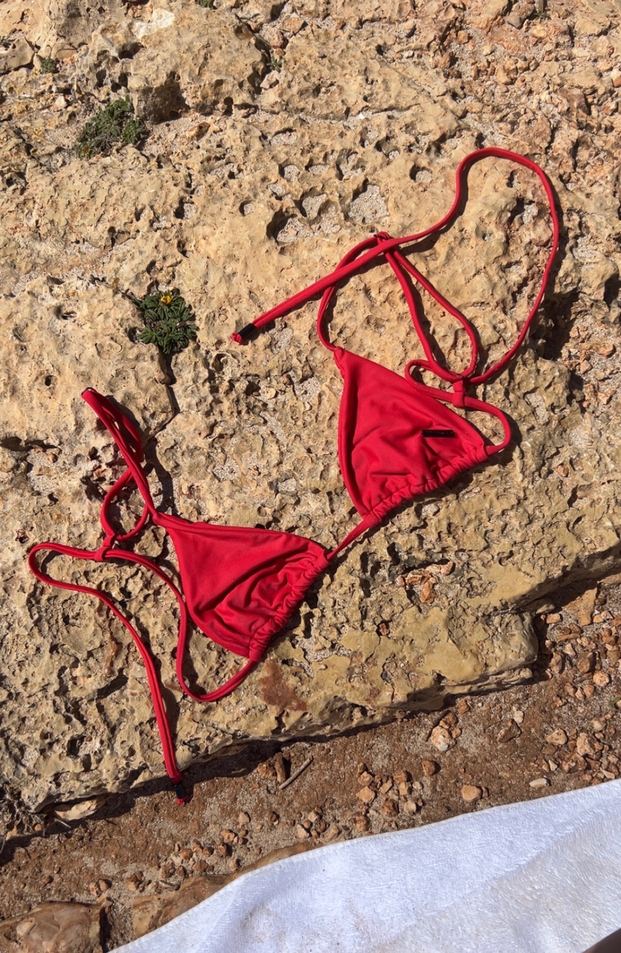 A red bikini top laid out on a rocky surface, showcasing its design and color.