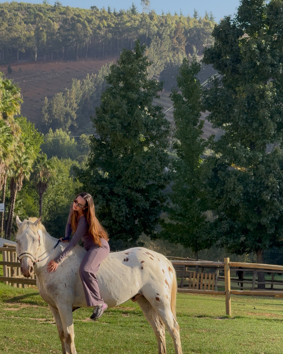 A person with long hair is sitting on a white horse in a lush green field surrounded by trees and hills.