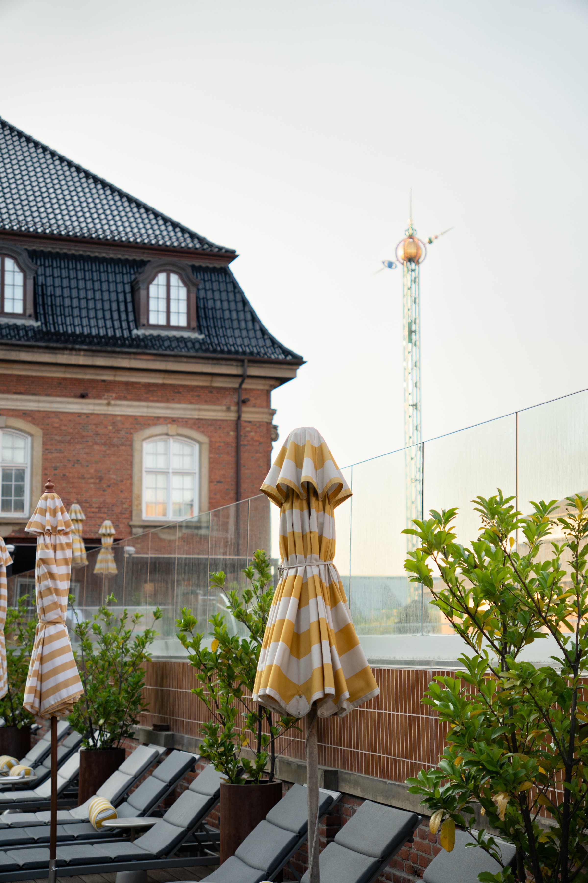 A rooftop setting featuring striped umbrellas and lounge chairs, with a historic building in the background and a tall structure in the distance.