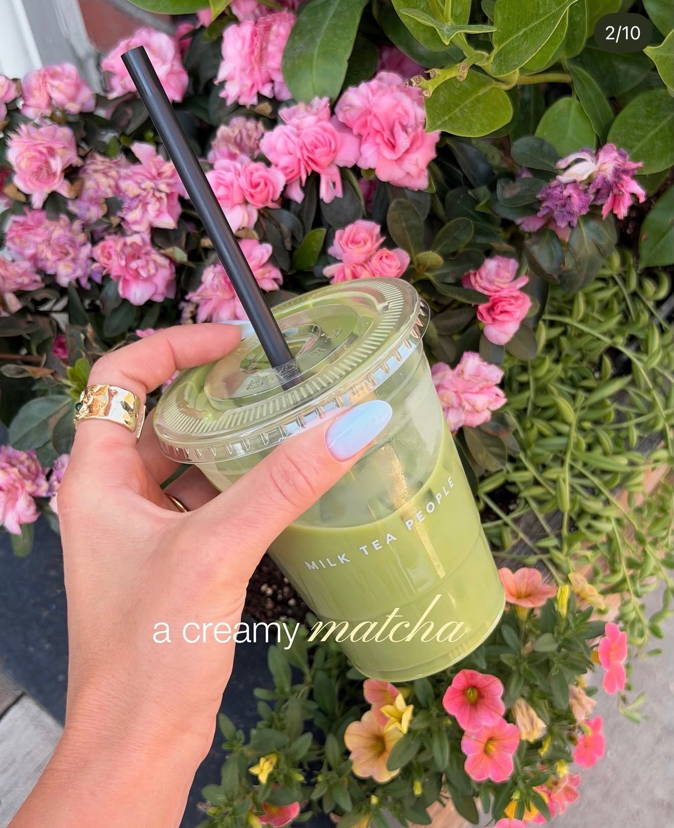 A hand holding a cup of creamy matcha drink in front of vibrant pink and yellow flowers.