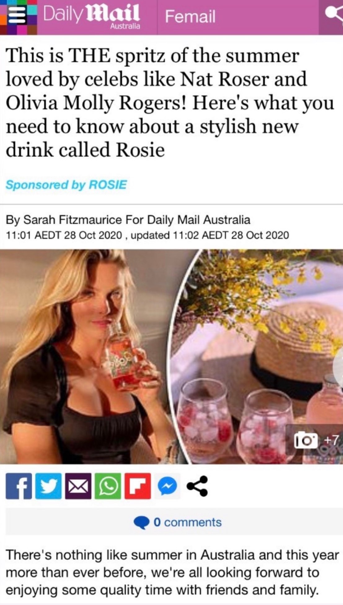 A woman enjoying a refreshing drink in a summer setting, surrounded by pink beverages and floral decorations.