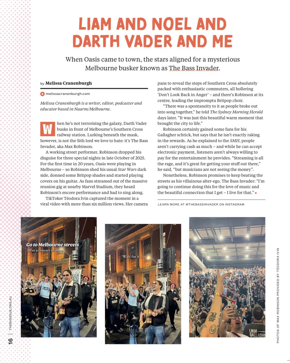 An article featuring a story about a Melbourne busker known as The Bass Invader, with images of musicians performing on the street.