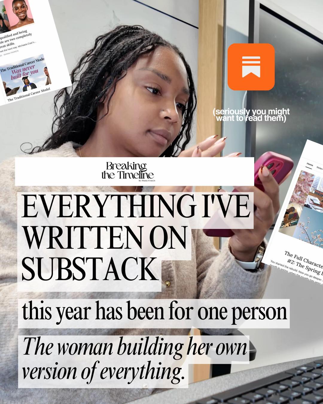 A woman engaging with her phone, surrounded by articles and content related to her writing on Substack, emphasizing her personal brand.