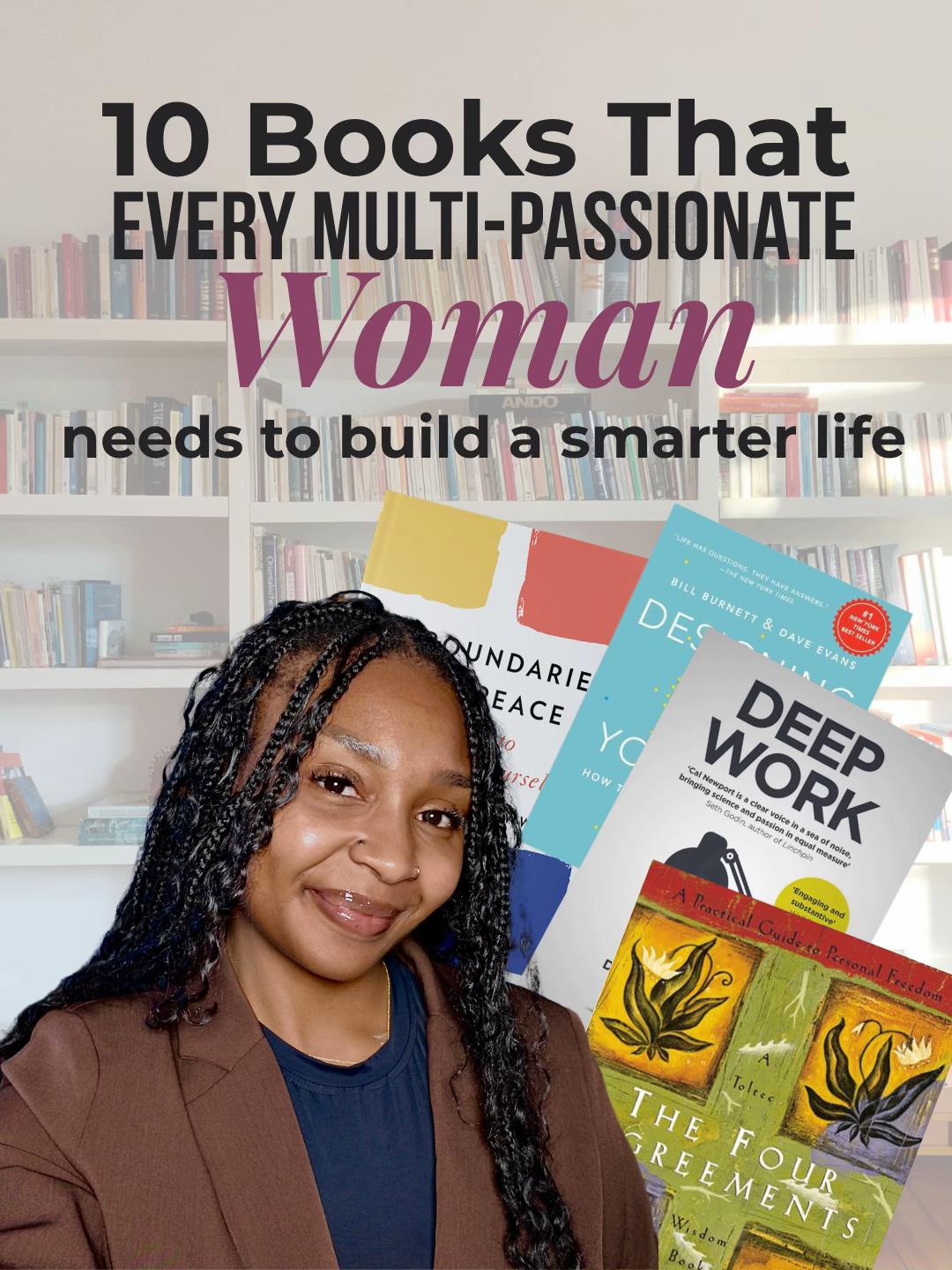 A woman with braided hair smiles while holding a stack of books titled 'The Four Agreements', 'Deep Work', and 'Destructive Emotions', with a blurred bookshelf in the background.