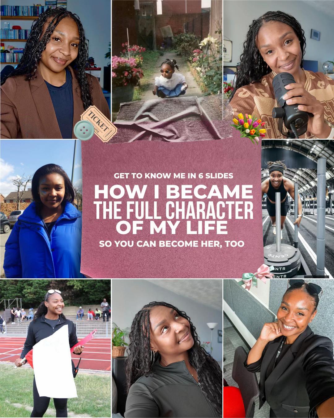 A collage of personal photos showcasing a woman's journey and transformation, featuring various settings and activities.