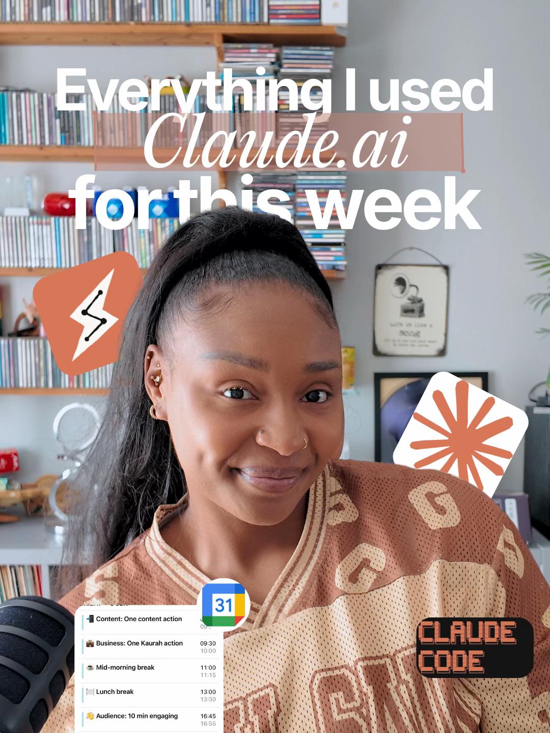 A woman with a ponytail smiles while standing in front of a bookshelf filled with various items. The background features colorful graphics and text about her weekly use of Claude.ai.