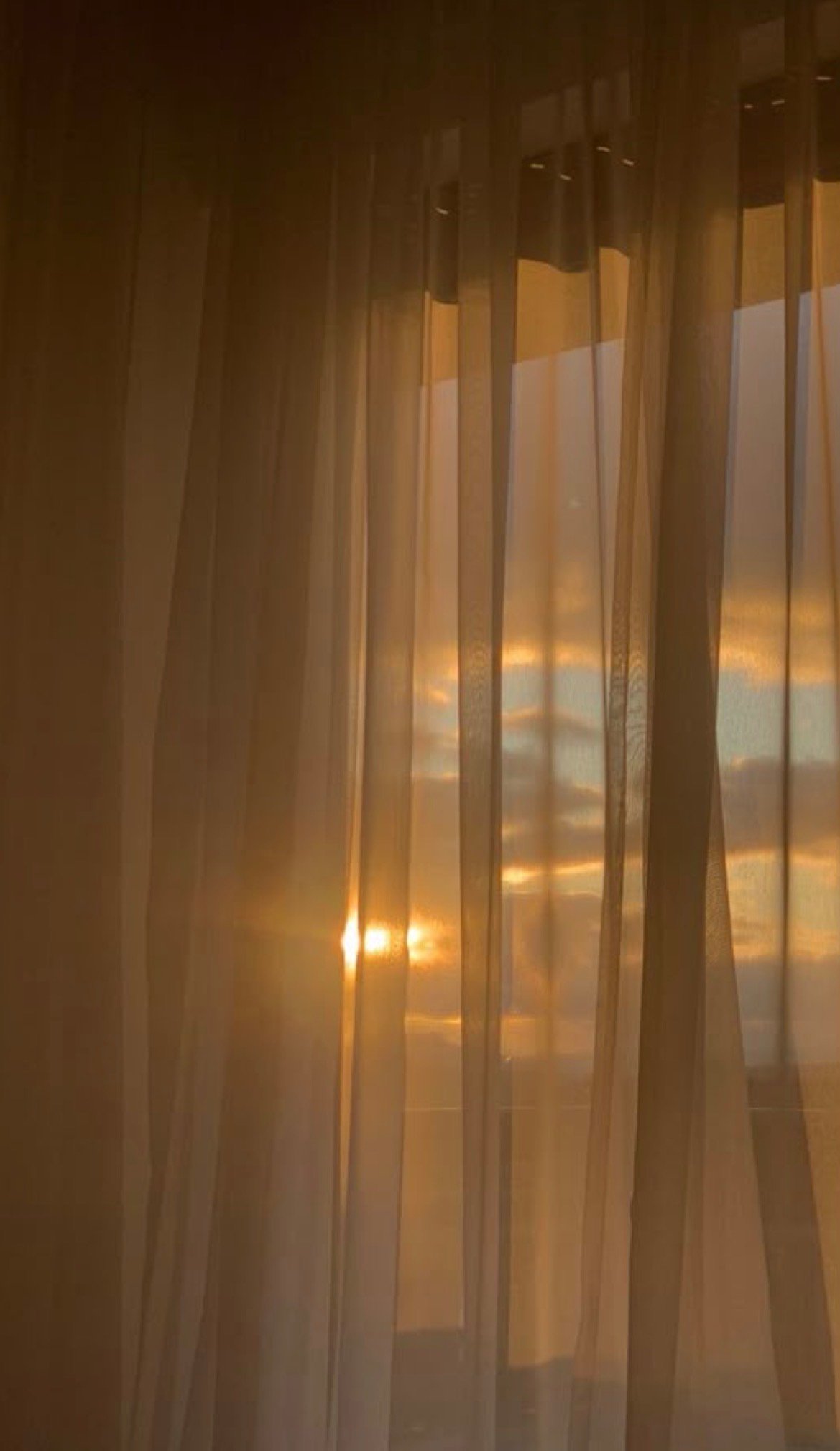 Soft sunlight filters through sheer curtains, casting a warm glow in a serene indoor setting.