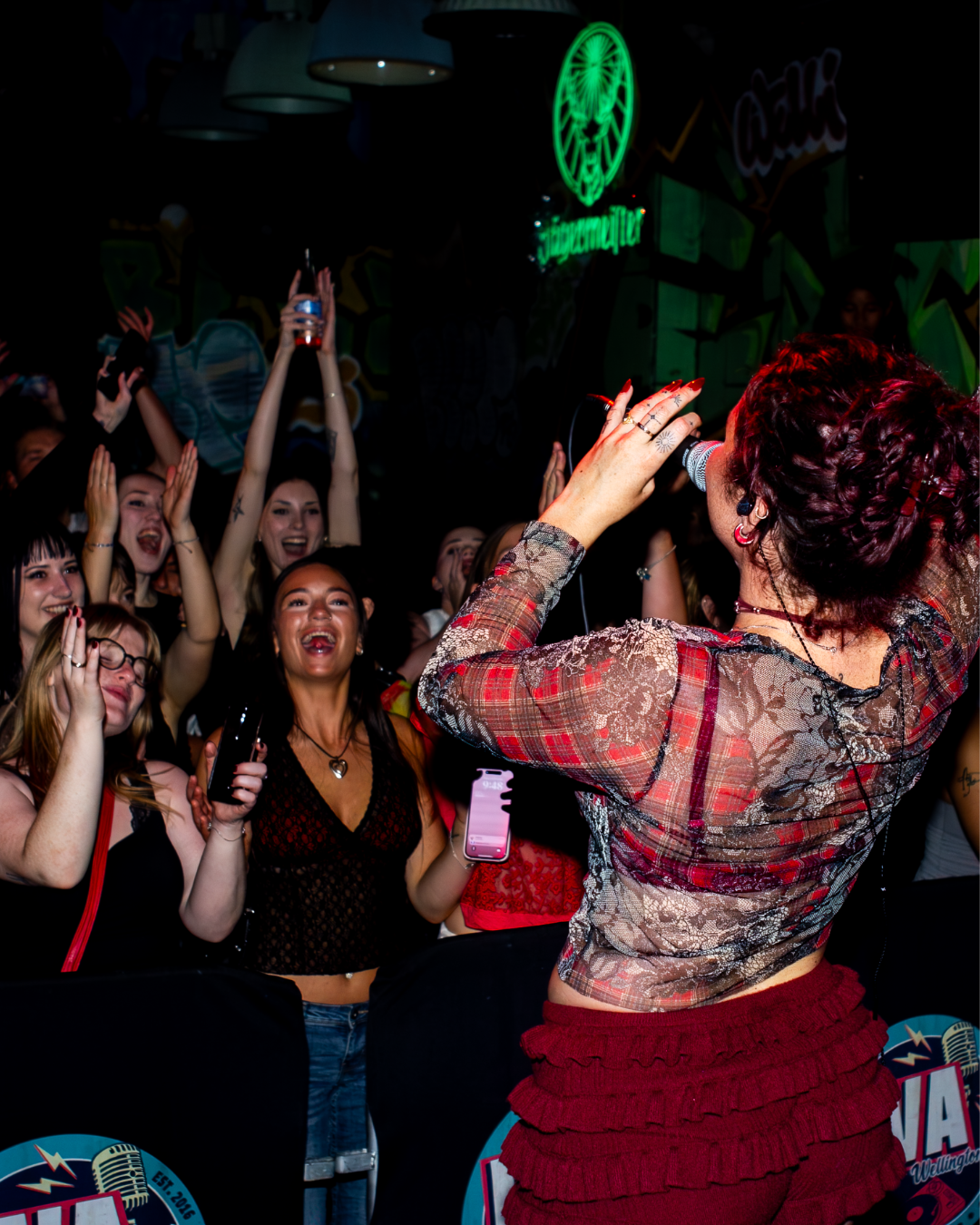 A performer sings passionately on stage while an enthusiastic crowd cheers and raises their hands in excitement.
