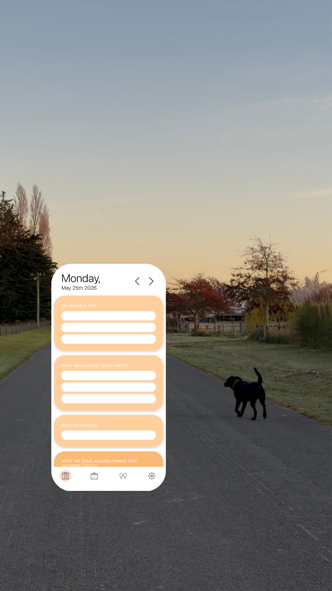 A serene outdoor scene featuring a pathway lined with trees and a dog walking away, with a digital note overlay displaying a date and prompts.