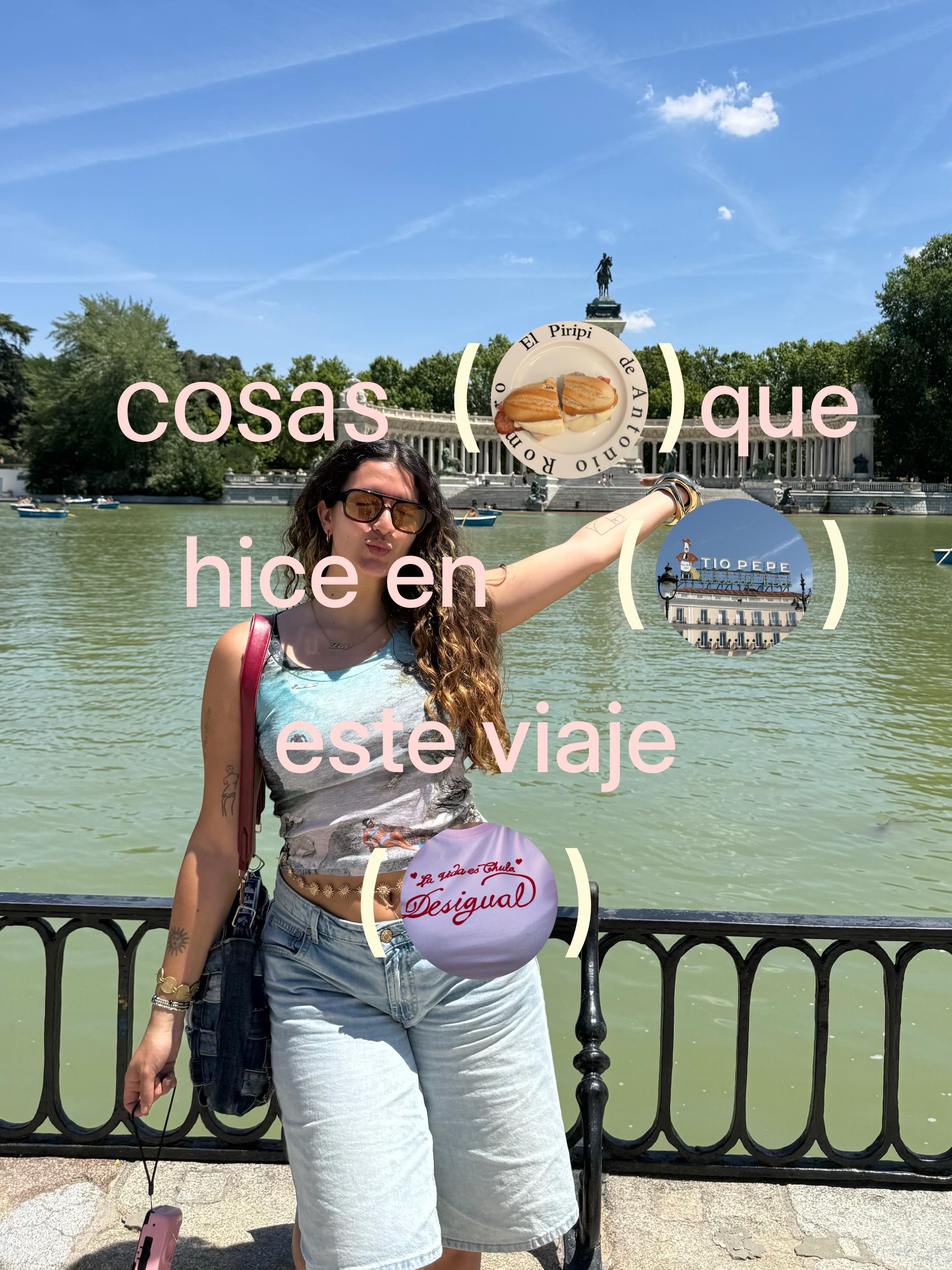 A person with long, wavy hair stands by a body of water, holding a sign that reads about their travel experiences. The background features trees and a monument.