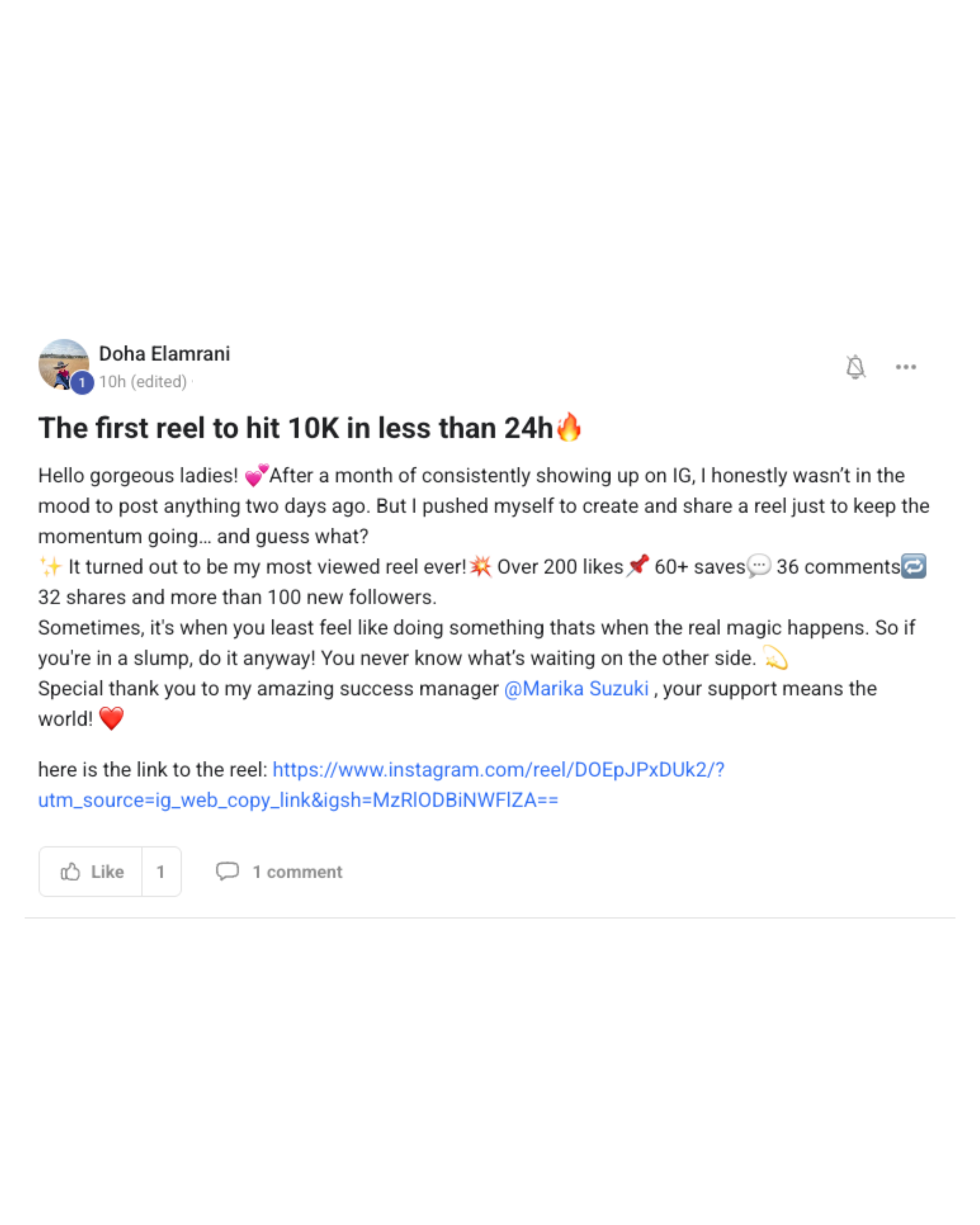 A vibrant social media post featuring a personal message about recent success and engagement, with colorful emojis enhancing the text.
