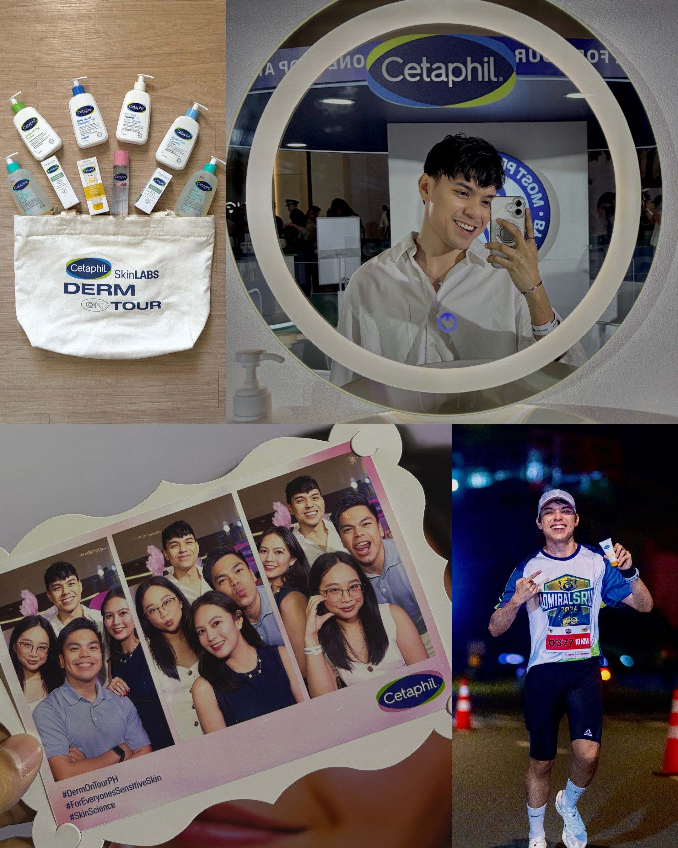 A collage featuring skincare products, a person taking a selfie in a mirror, a group photo with smiling individuals, and a runner participating in a race.