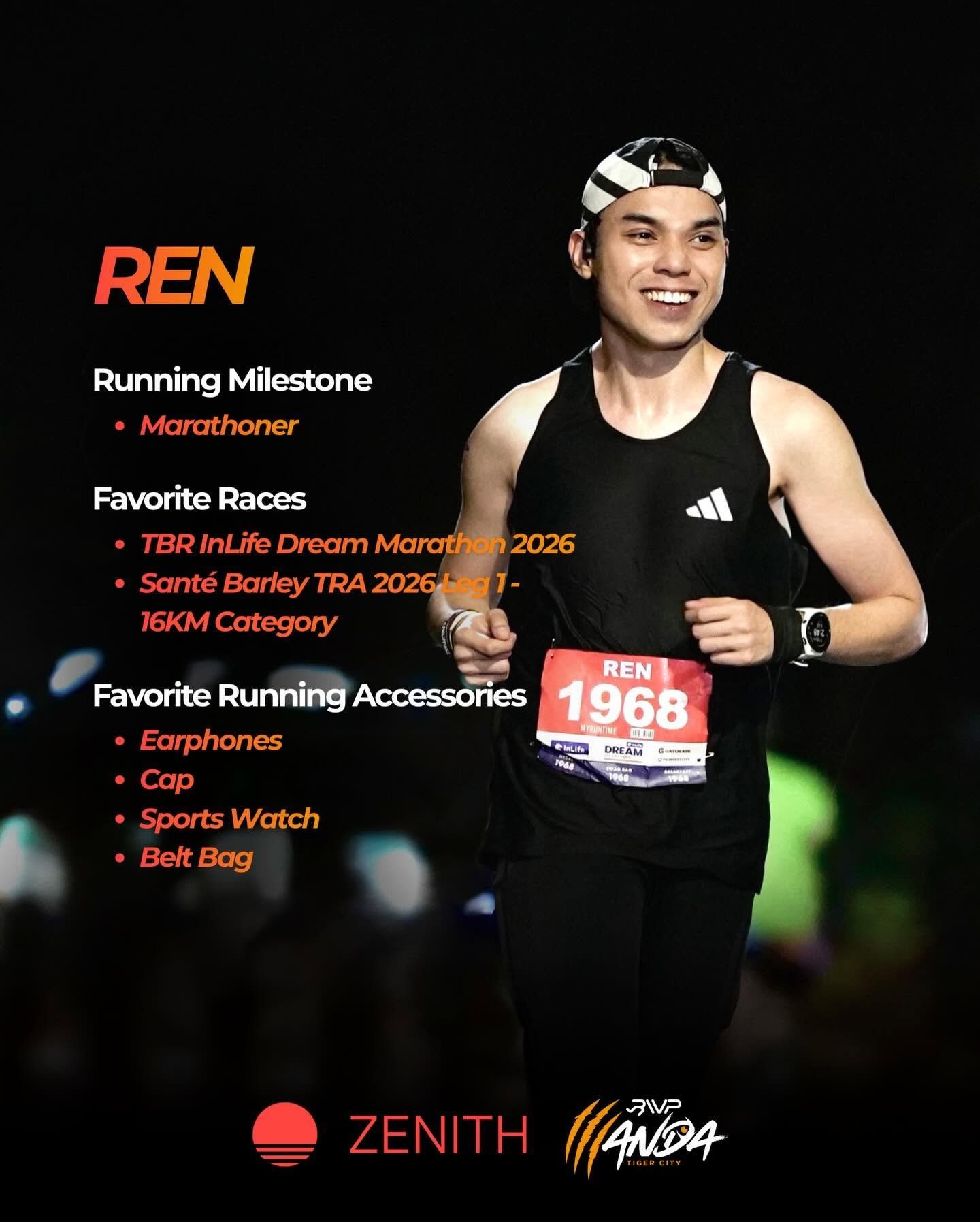 A smiling male marathon runner in a sleeveless shirt, showcasing his running milestones and favorite races, with branding elements in the background.