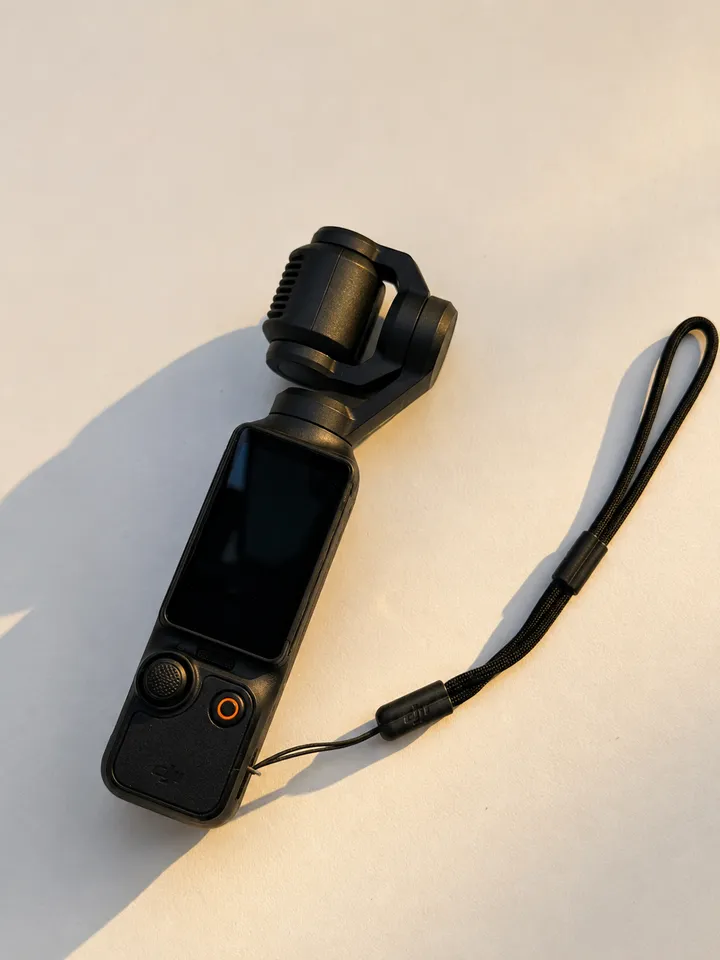 A handheld gimbal stabilizer with a small screen and control buttons, positioned on a light-colored surface.