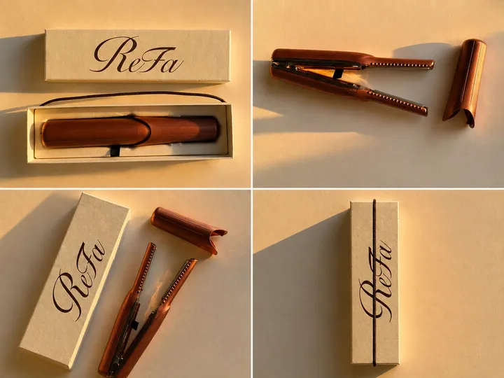 A sleek hair straightener from the brand ReFa, displayed in its elegant packaging. The straightener is shown both closed and open, highlighting its design and features.