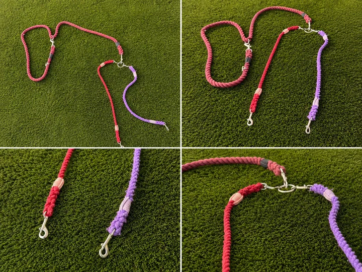 A close-up view of two colorful dog leashes, one red and one purple, arranged on a green grass background.