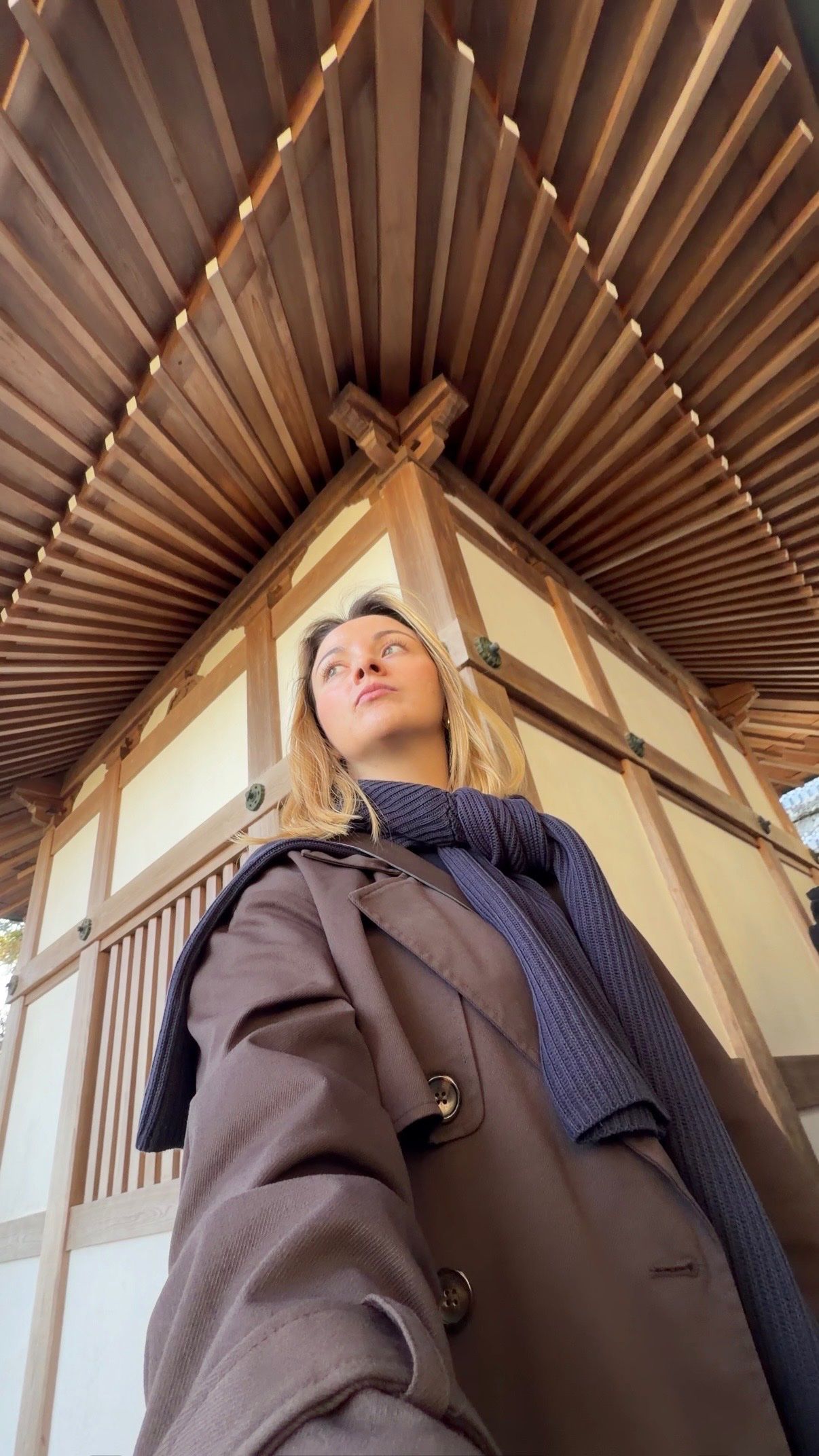 A person stands under a wooden structure with a detailed ceiling, wearing a brown coat and a dark scarf, looking up thoughtfully.